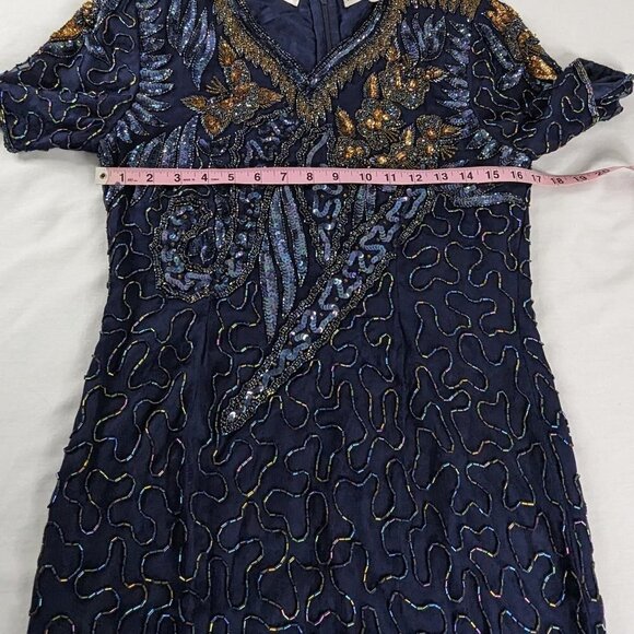 VTG Navy Blue Gold Silk Beaded Short Sleeve V Neck Formal Midi Dress - Picture 7 of 10
